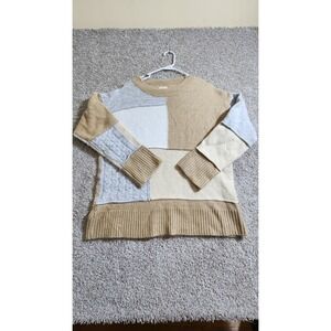 BIBI Womens Neutral Patchwork Color Block Oversize Cable Knit Sweater Size M